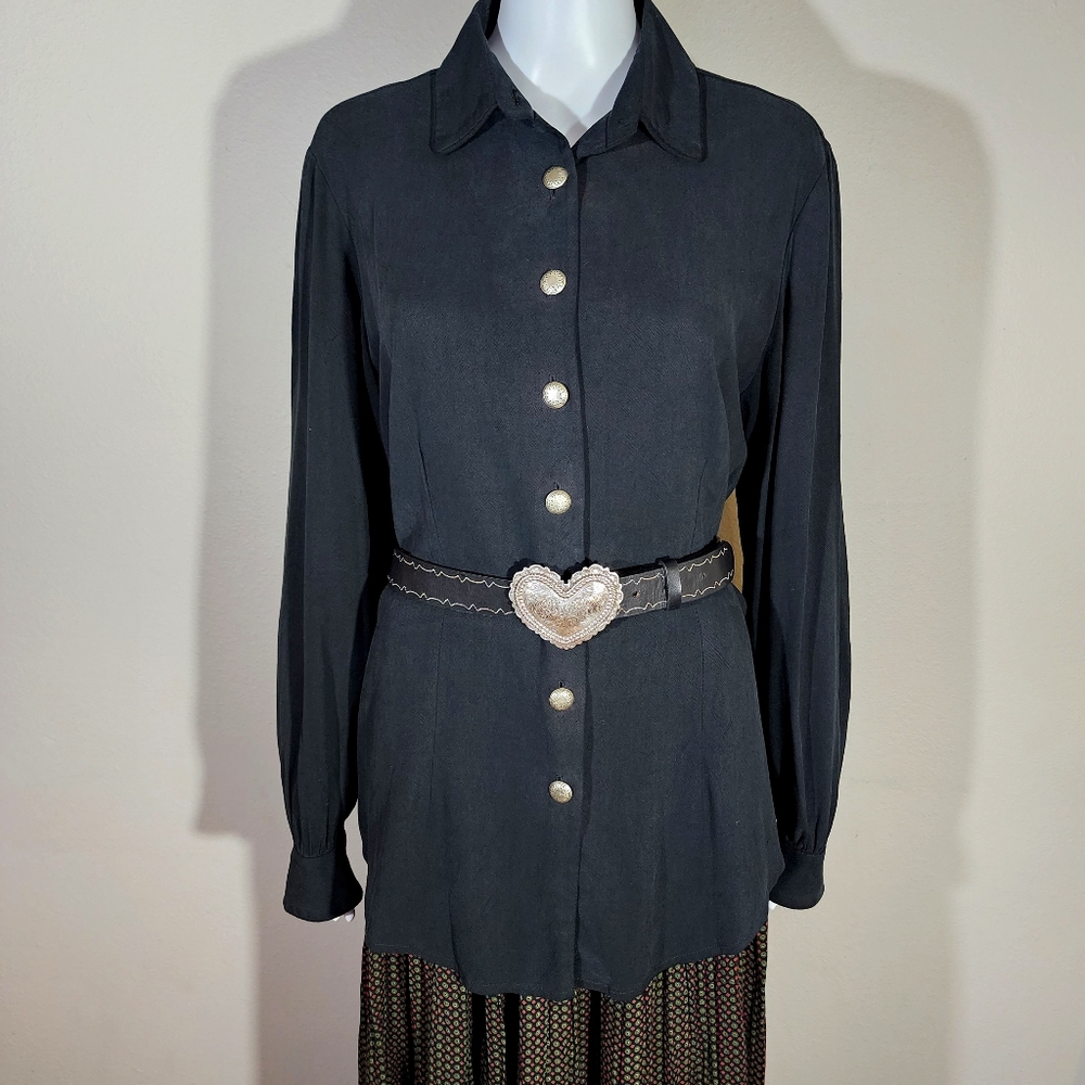 VTG LUCIA LUKKEN BROOMSKIRTS Black Sterling Silver Button Down Shirt